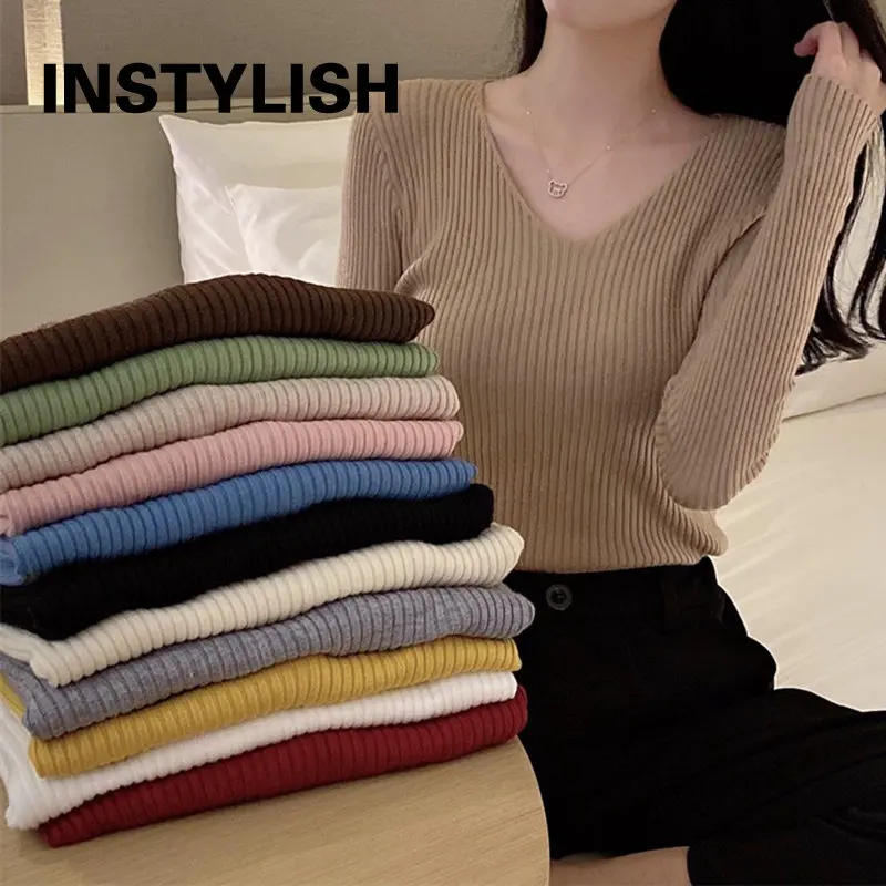 

Elegant V Neck Basic Sweater Women Autumn Winter Simple Chic Knitted Top Vintage Harajuku Solid Ribbed Pullover Slim Jumper 2022