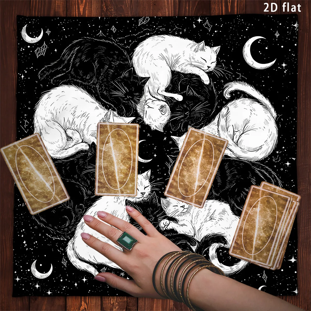 Black & White Cat Tarot Tablecloth Moon Phase & Starry sky Divination Cloth Dream Altar Cloth Card Pad Home Decor Art Poster - view 2