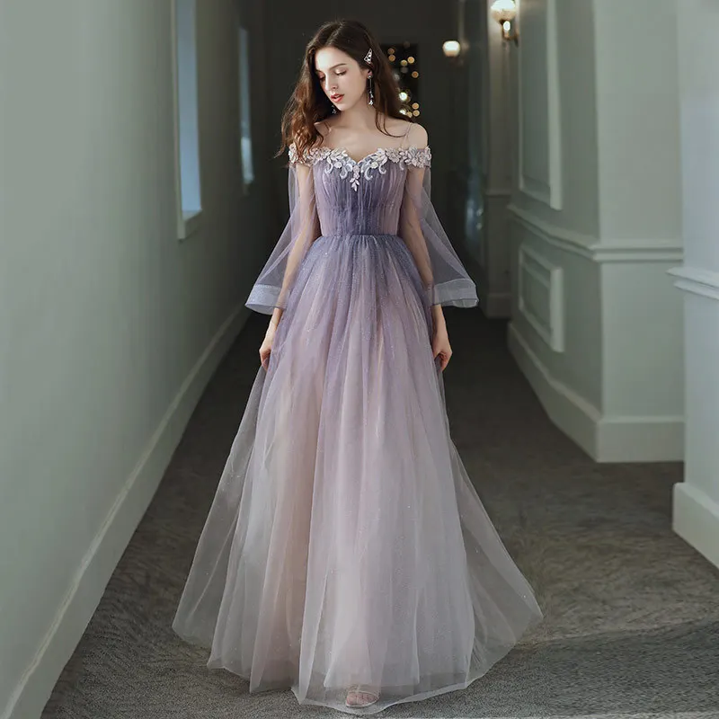 

Gradient Purple Off Shoulder Evening Dress Women Embroidery Sequin Long Sleeves Prom Gown Exquisite Elegant Host Dresses