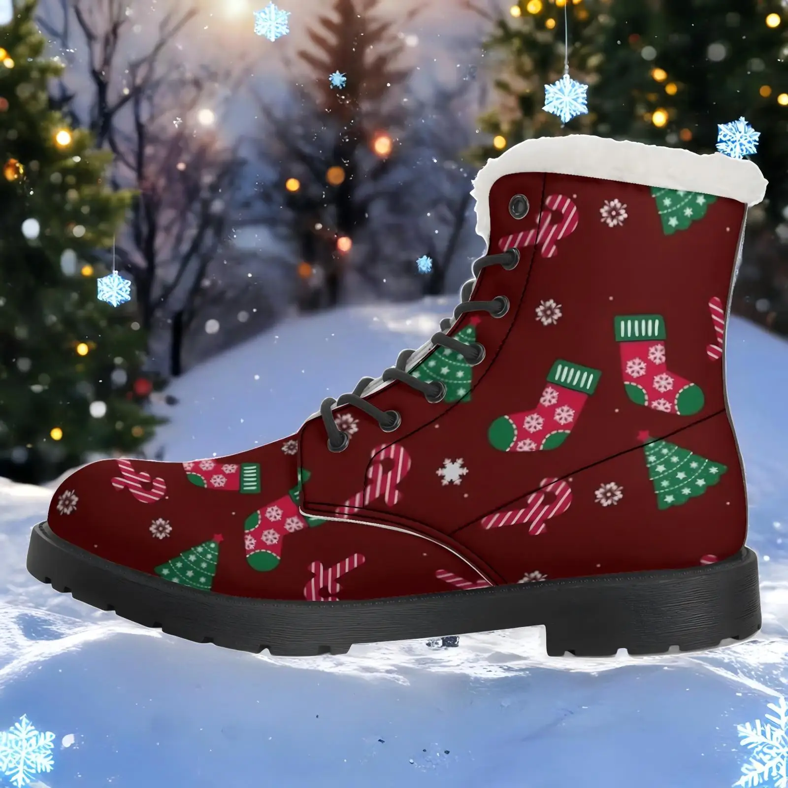 Christmas elements red printed plush boots casual boots mid-calf boots fashionable classic versatile autumn and winter boots