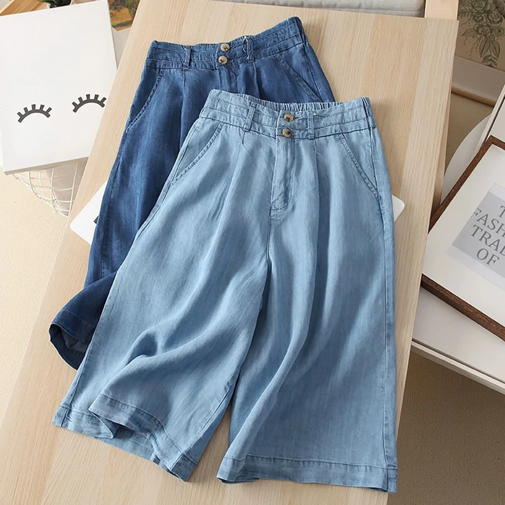 Women Thin Soft Short Denim Pants Summer Double Buttons High Waist Loose Ice Silk Jeans Casual Wide Leg Calf Length Jeans