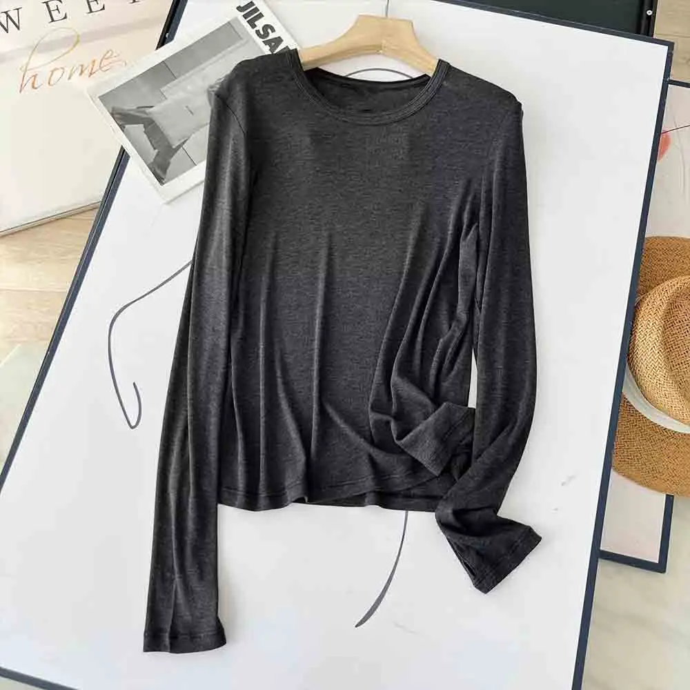 

Women 2023 Autumn New Fashion Casual Finger Hole Long Sleeve Bottoming Sweater Chic Round Neck Slim Fit All-match Top Mujer