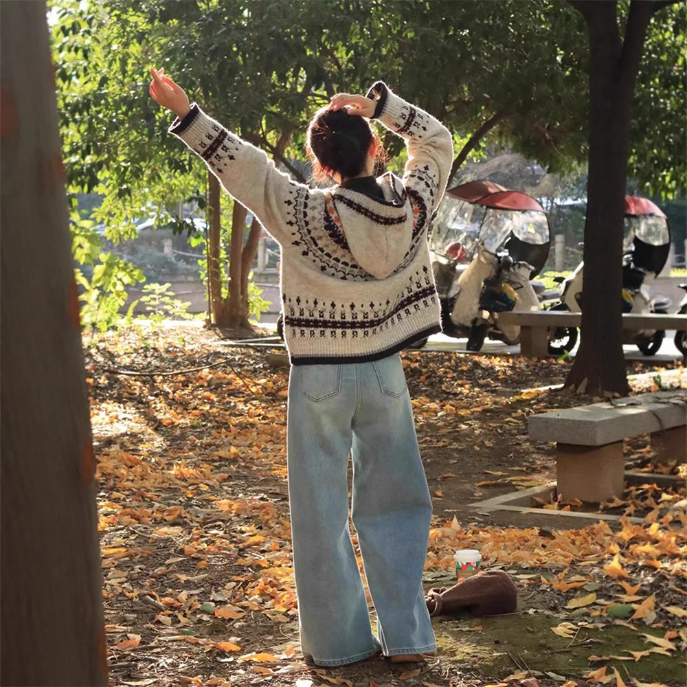 

Women Knitting Sweater 2025 Autumn Winter New Fair Isle Cardigan Vintage Hooded Design Slouchy Soft Knit Women's Outerwear