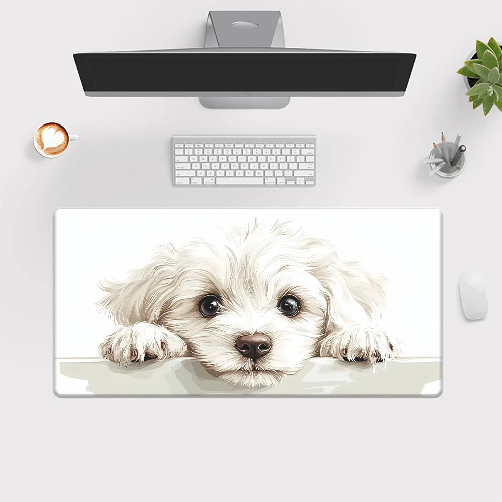 Adorable White Fluffy Puppy Art Extended Mouse Pad Non-Slip Large Desk Mat for Gaming Office Laptop Keyboard and Computer Use