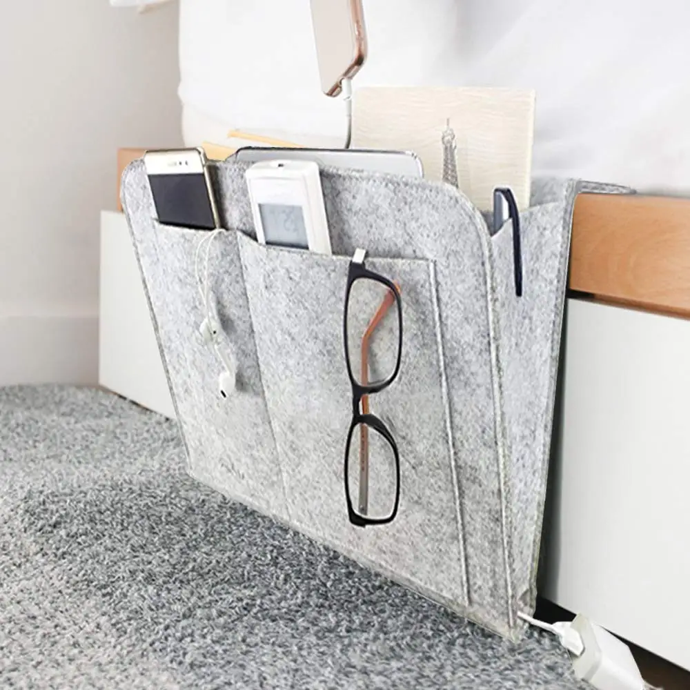 Felt Bedside Caddy Bed Dorm Bunk Organizer Storage Pocket for Organizing Tablet Magazine Phone Small Things Holder (Gray)