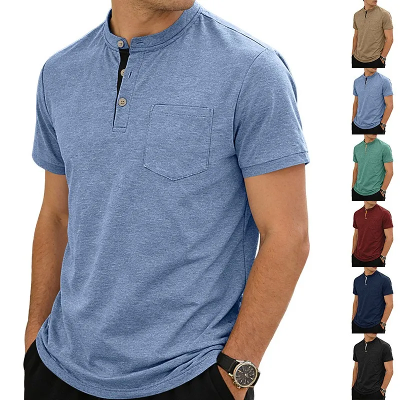 Camisa de Hombre Heather Slim Fit de Manga Corta con Cuello Mao, Botones y Bolsillo en el Pecho, Color Sólido, Mezcla de Algodón, Color Caqui, Verde Azulado, Borgoña