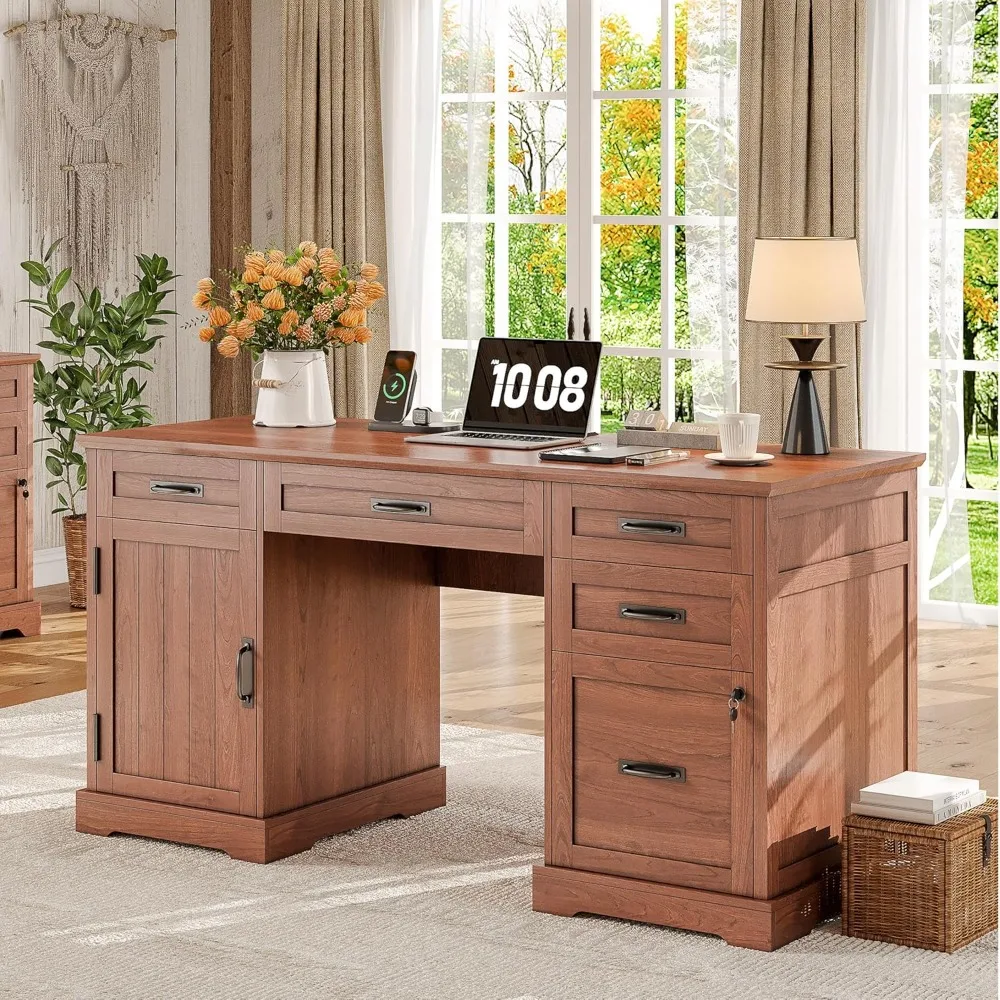 55'' Executive Home Office Desk with Drawers, Farmhouse Wooden Computer Desk with File Cabinet and Charging Station