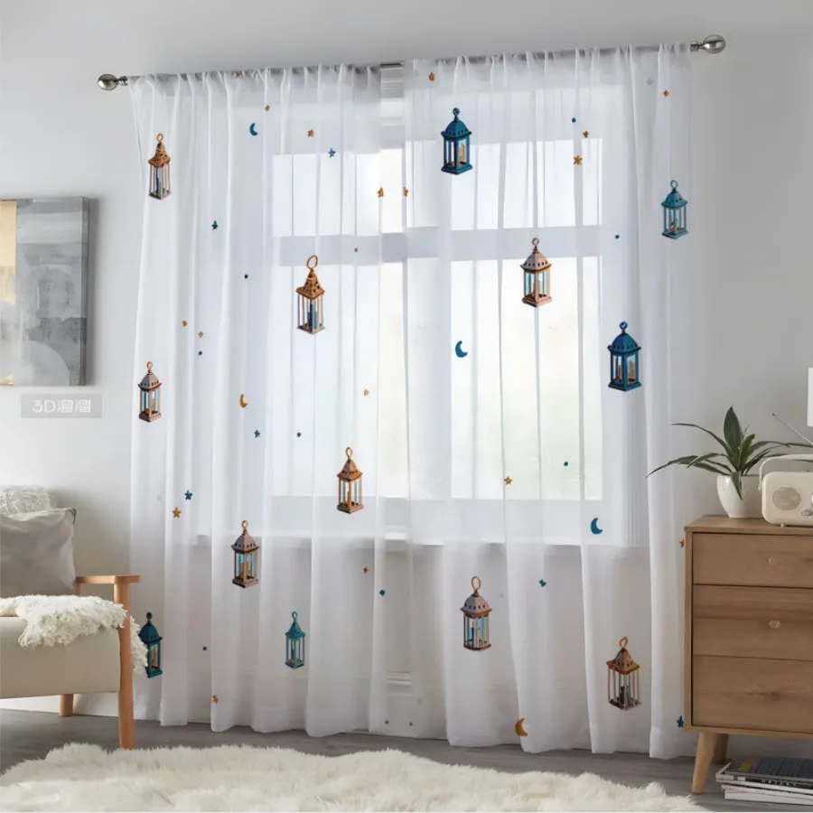 2PCS Digital Print Sheer Curtains, Blue Brown Star Moon Lamp, Ramadan Earthy Bohemian for Bedroom Living Room Home Decor