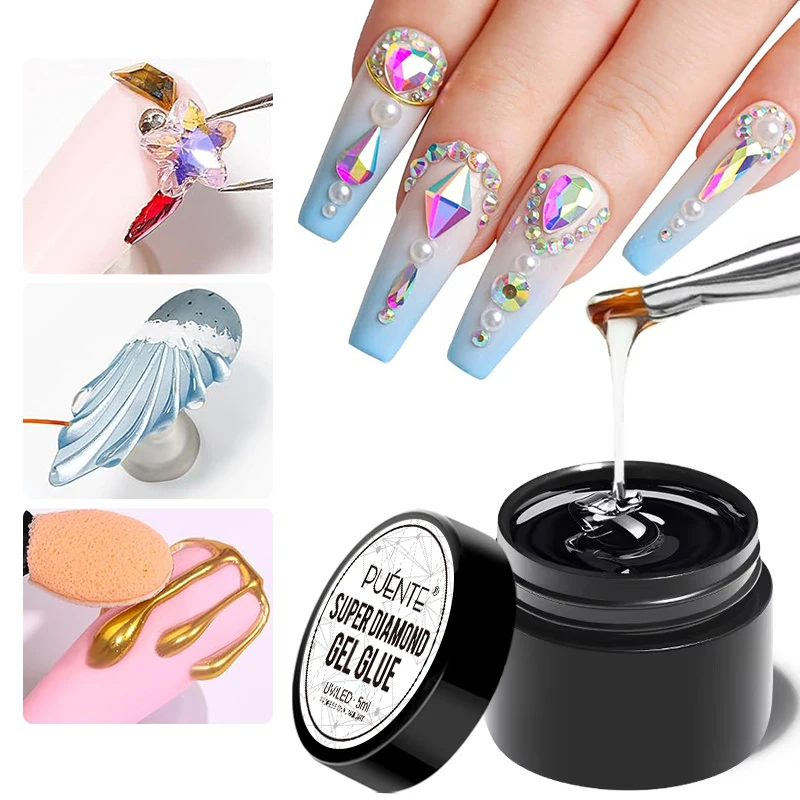 PUENTE super gel de diamante sin capa de dispersión adhesivo fuerte gel pegajoso transparente gel UV para arte de uñas decoración 3D 2