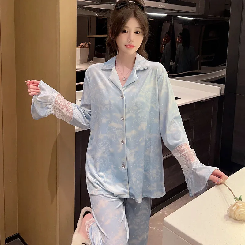 Spring Velour Pajamas Suit Women Lace Bathrobe&cami&pants Pyjamas Sleep Set Autumn Velvet Print 3PCS Sleepwear pj\'s Lingerie