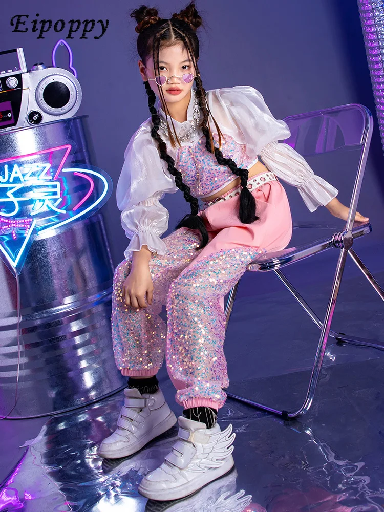 ملابس رقص الجاز للأطفال ، أزياء أداء أنيقة بالترتر ، بدلة المنصة للبنات ، ملابس عصرية