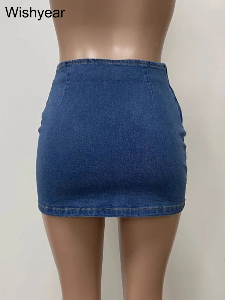Sexy Night Club Hot Girls Pearl Beading Bodycon Mini Denim Skirts Women Fashion Party Jean Short Pencil Skirt Birthday Outfits