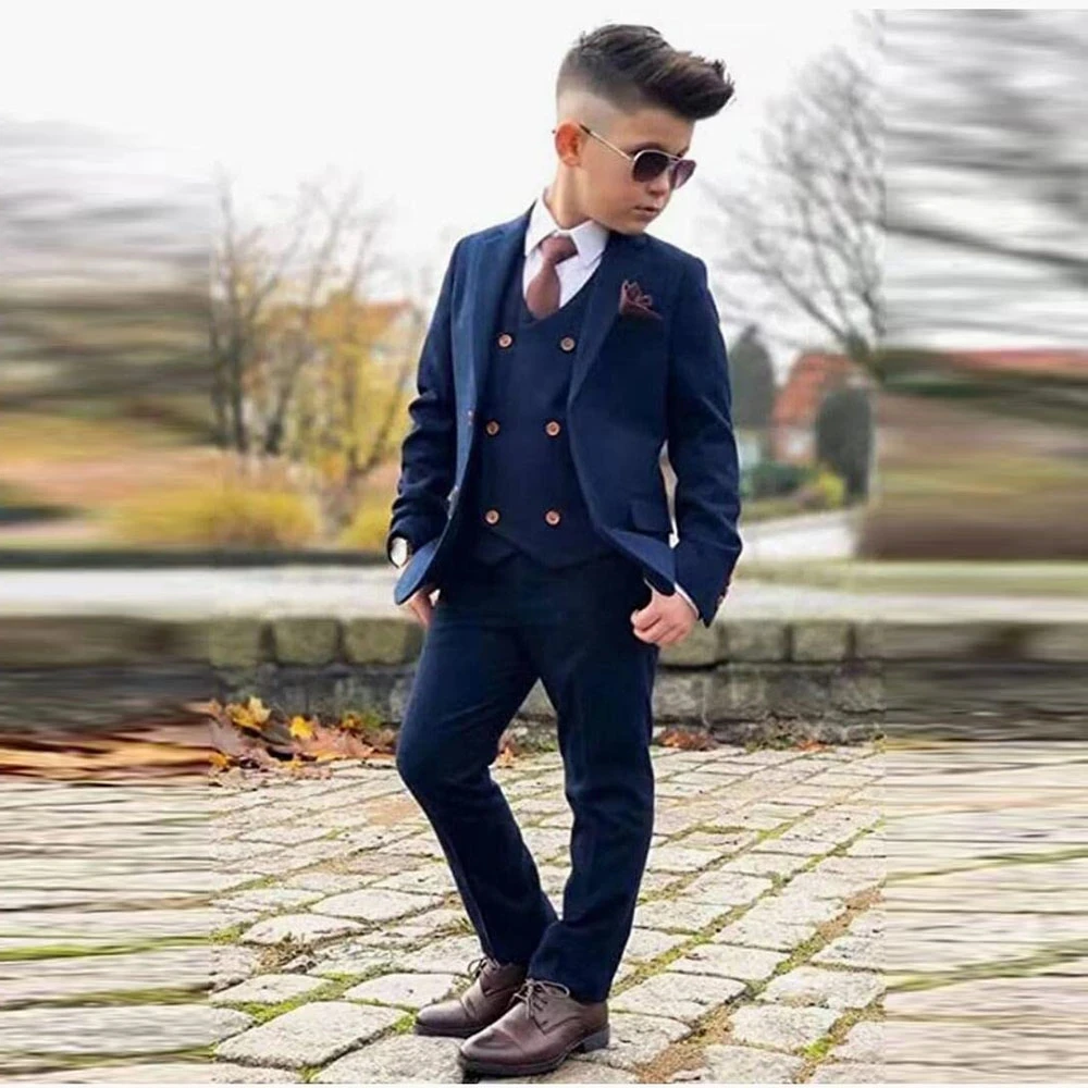 

Navy Blue Print Blazer Vest Pants 3 Piece Sets Kids Clothes Party Suit For Boys Children Outfit Wedding Boys Suits