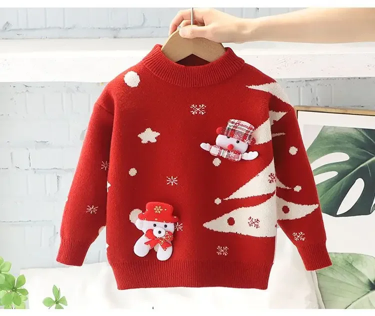 Boys and Girls Sweater Pullover Children\'s Baby Christmas Cartoon Red Knitting Shirt Fashionable