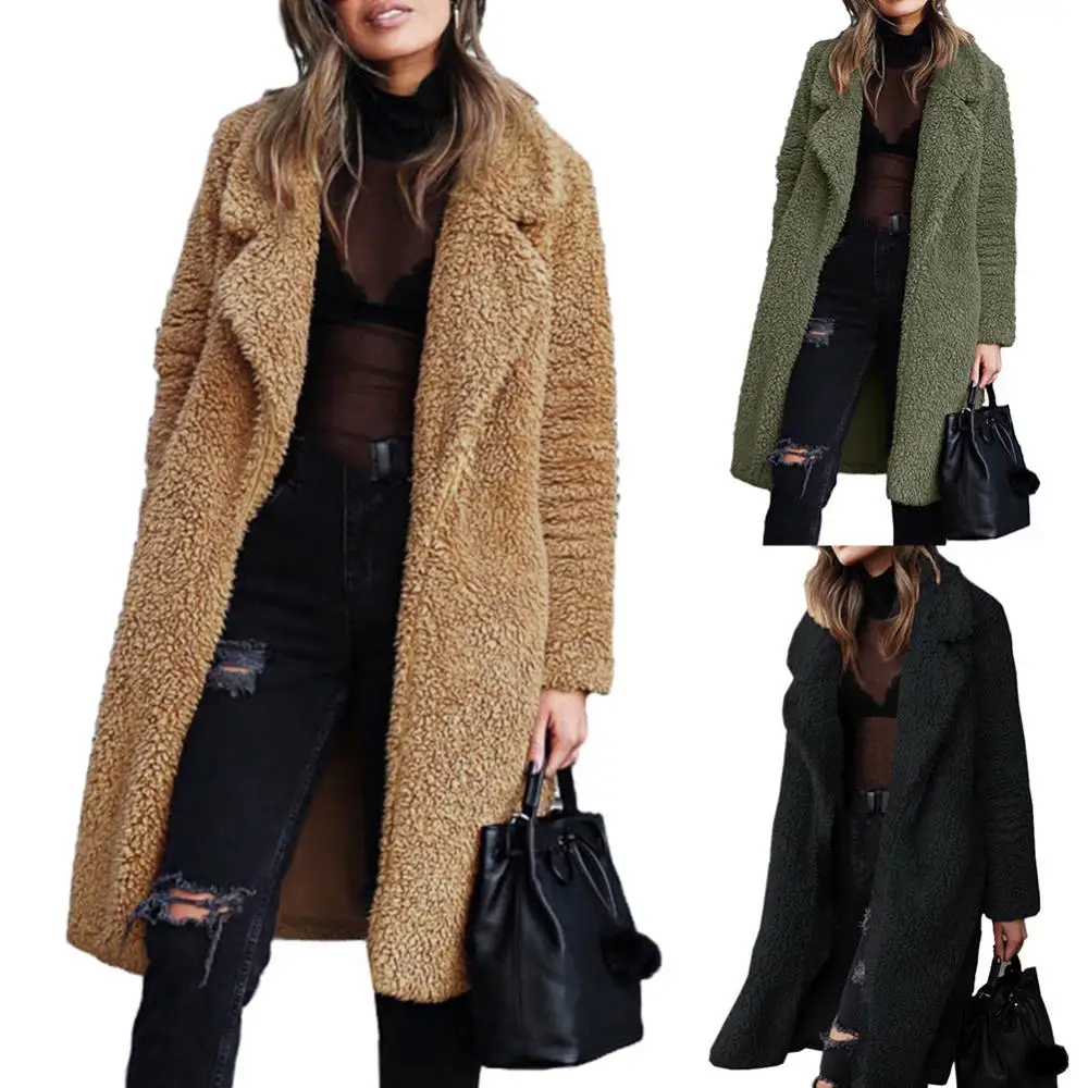 Warm Plush Lapel Thicken Long Sleeve Solid Color Women Winter Cardigan Midi Coat