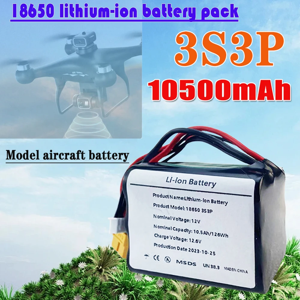 

12.6V Battery AIMJIN 3S3P 12V 10.5Ah 10Ah High Capacity UAV Rechargeable for Various RC Airplane Quadrotor XH2.54-4P XT60