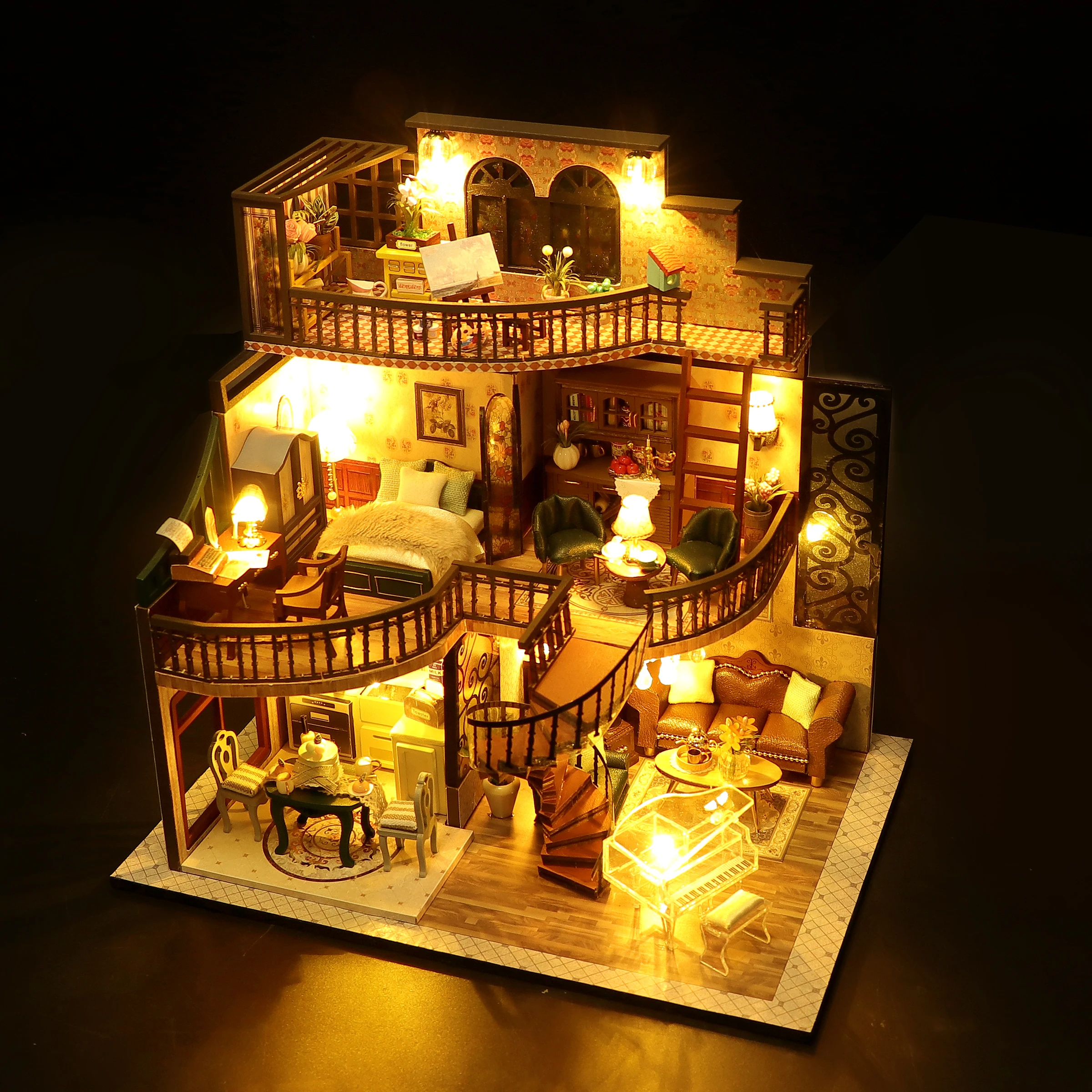 Casas para Bonecas de Madeira DIY para Adultos, Kits de Construção Miniatura com Mobiliário, Modern Loft, LED Dollhouse, Presentes de Aniversário