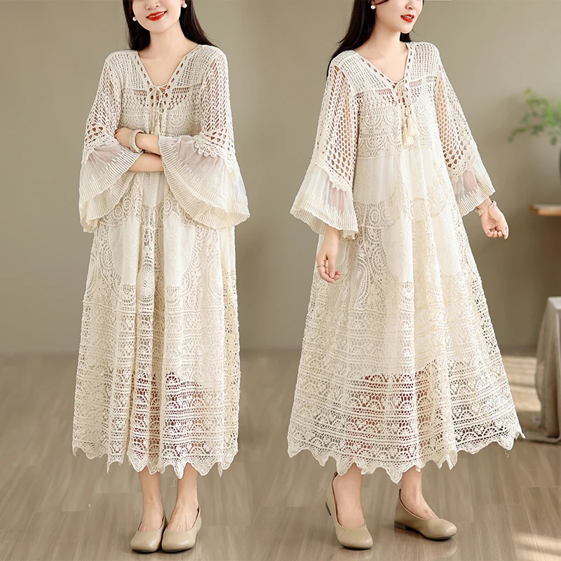 Bohemian Holiday Style Knitted Hollow out Hook Flower Dress Loose Knitted Cover up Skirt Purple Good Quality Women's Dress