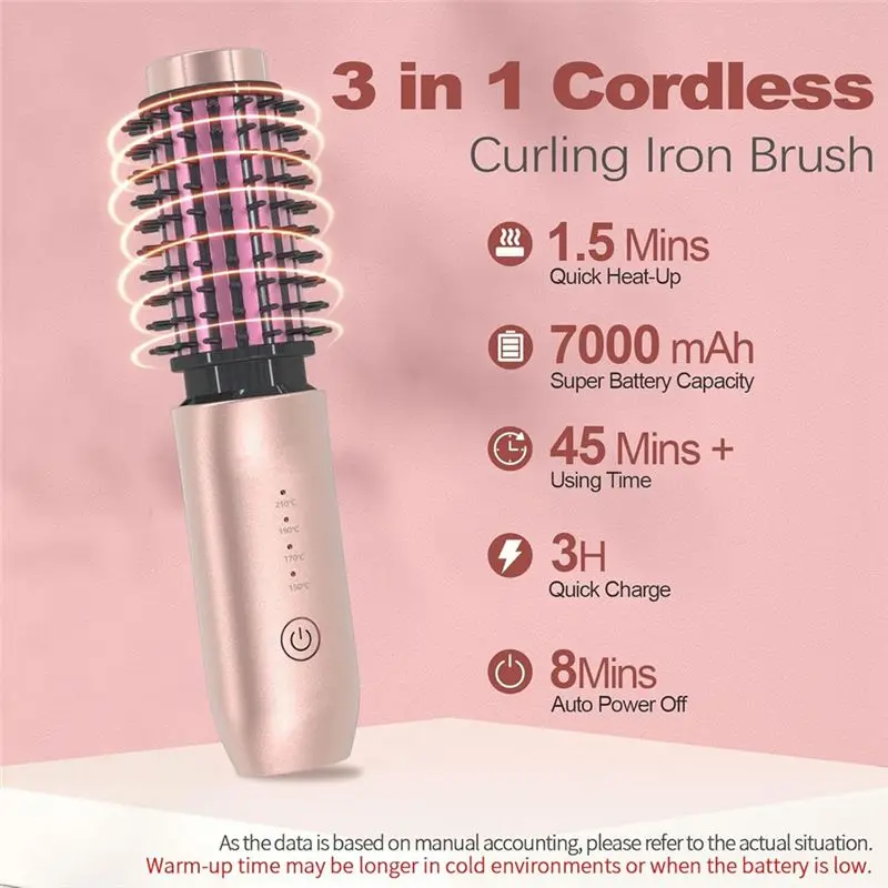 B15C Cordless Hair Curling Iron Brush, Mini Travel Hot Straightener Comb, 3-In-1 Portable Wave Curling Wand,Heated Brush