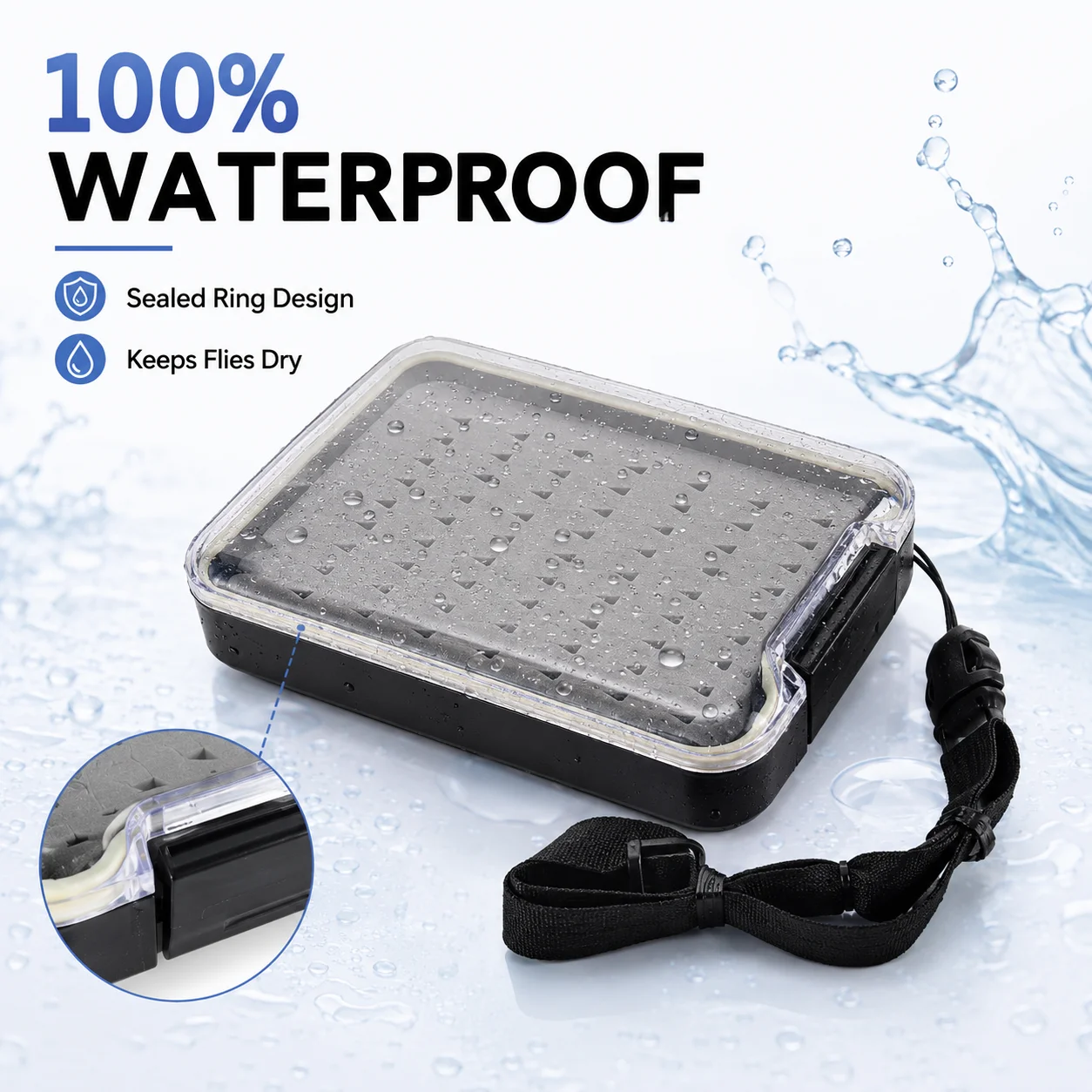 Waterproof Mini Pocket Fly Fishing Box with Lanyard, Clear PC Lid, ABS Body & EVA Foam Insert, Compact Fly Storage Case