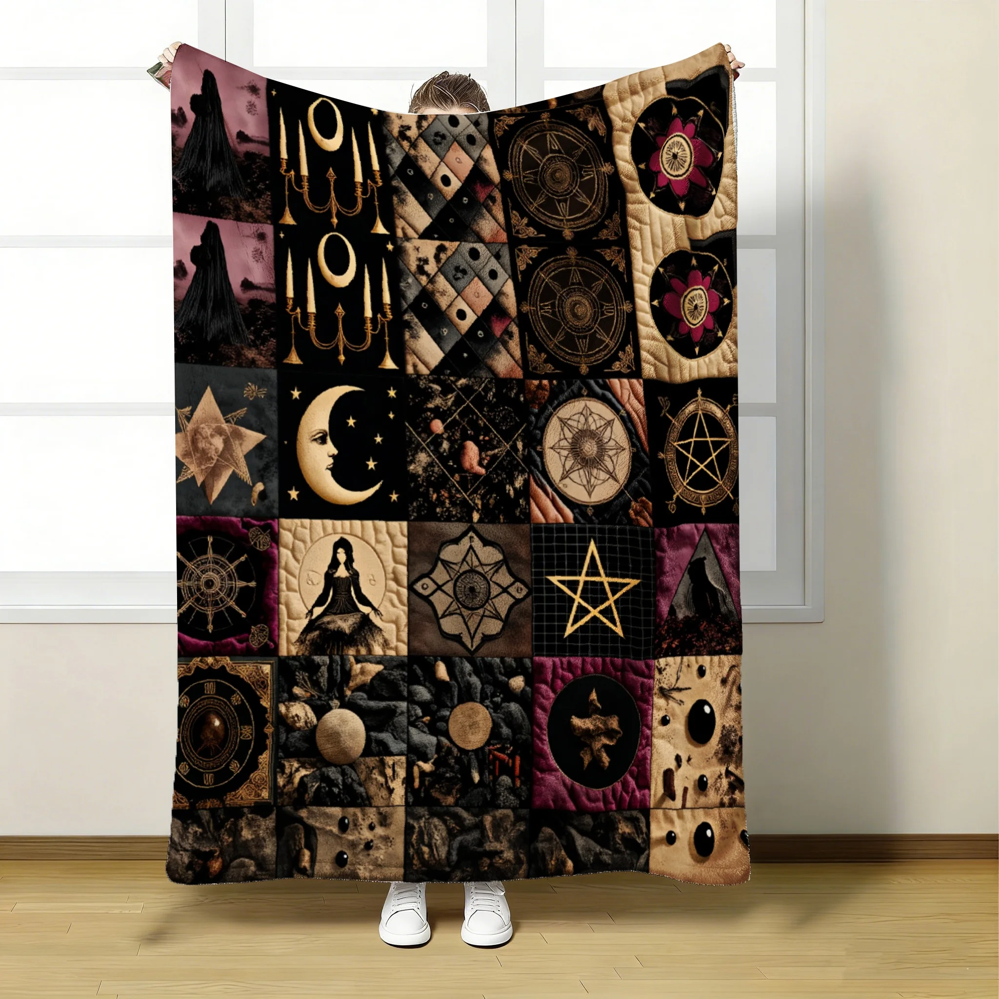 1 Stück Mystic Symbolols Patchwork Versile Überwurfdecke, weiche, leichte Ganzjahresdecke für Couch, Bett, Büro und Reisen, ideales Geschenk, 280 g/m²