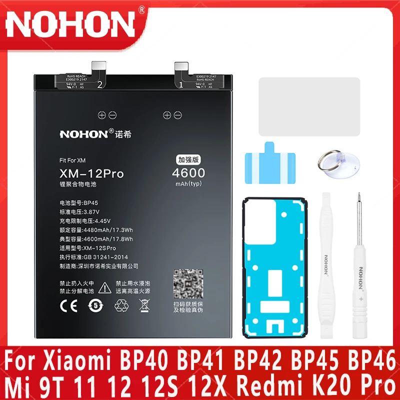 NOHON-Bateria de Substituição para Xiaomi, Bateria Original para Xiaomi, BP40, BP41, BP42, BP45, BP46, Mi 9T, 11, 12, 12S, 12X, Redmi K20 Pro, novo