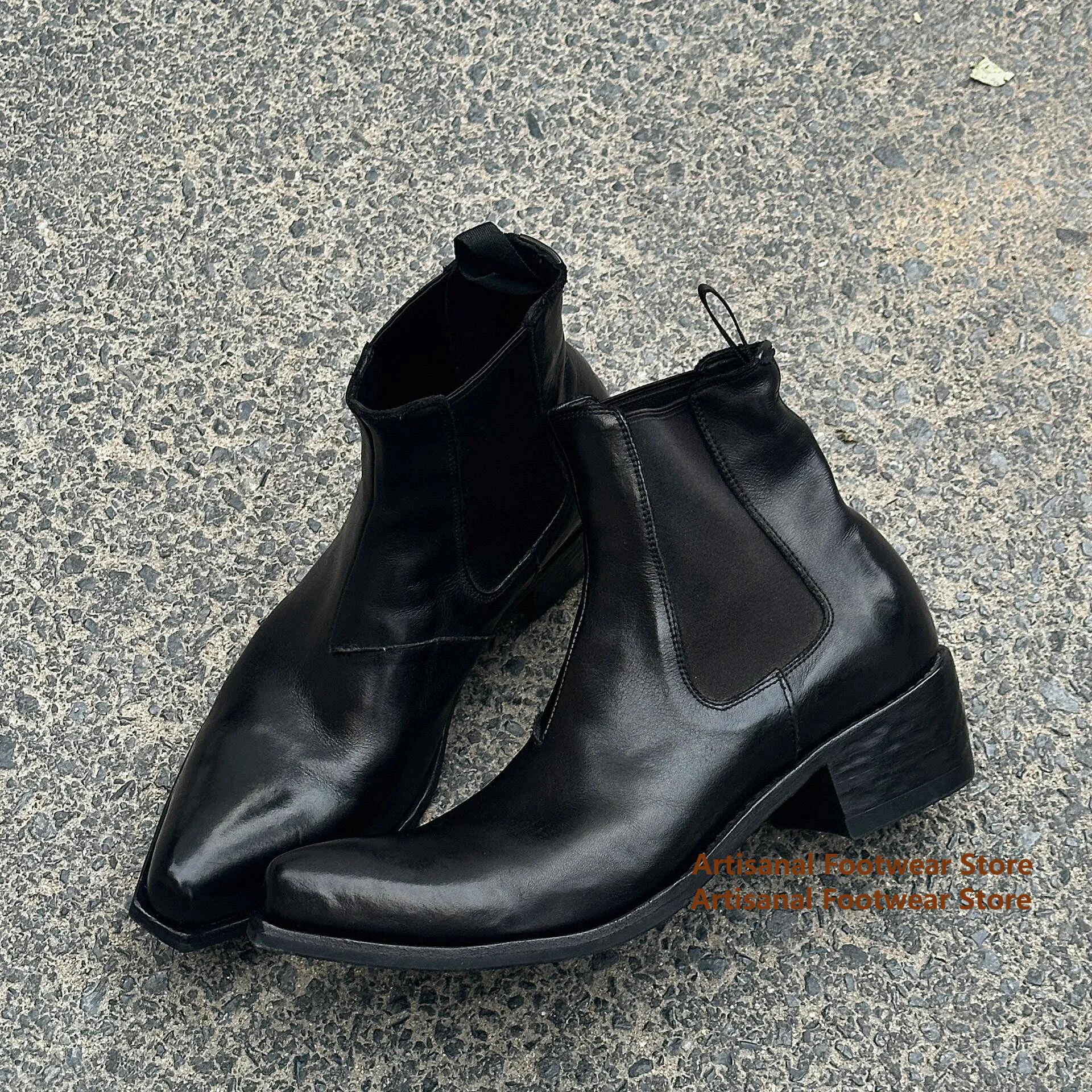 

Vintage Black Leather Western Chelsea Ankle Boots Pointed Toe Block Heel Height Increasing Thick Soled Retro Men's Boots ﻿