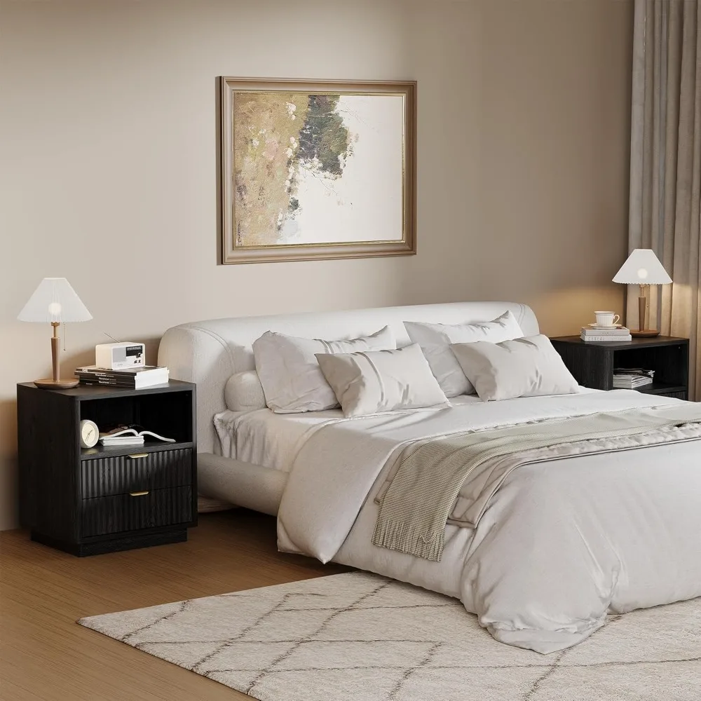 Pair of Modern Black Nightstands with 2 Drawers and Open Shelves, 22 Wide for Stylish Storage