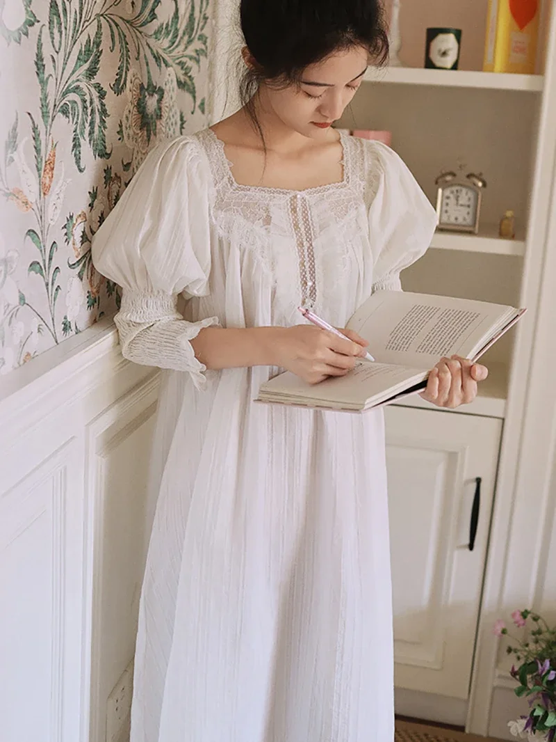 Women Pure Cotton French Fairy Pajama Nightdress Vintage Long Sleeve Mesh Spring Autumn Victorian Princess Nightgowns Sleepwear