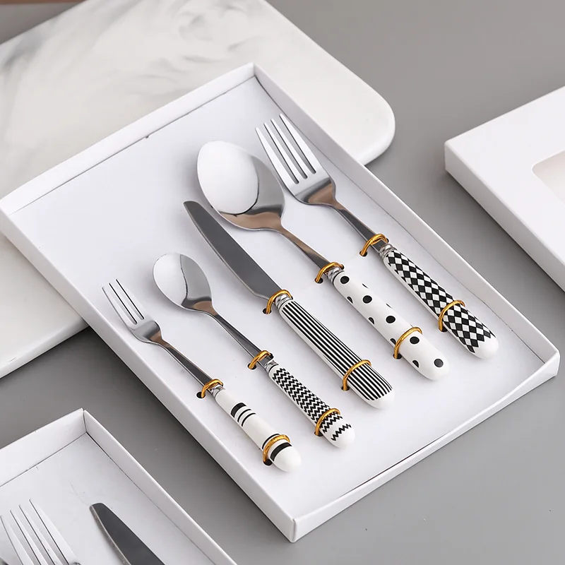 

Gift Home Stainless Steel Knife, Fork and Spoon Set Creative Ceramic Handle Knife and Fork Ins Stainless Steel Coffee Spoon