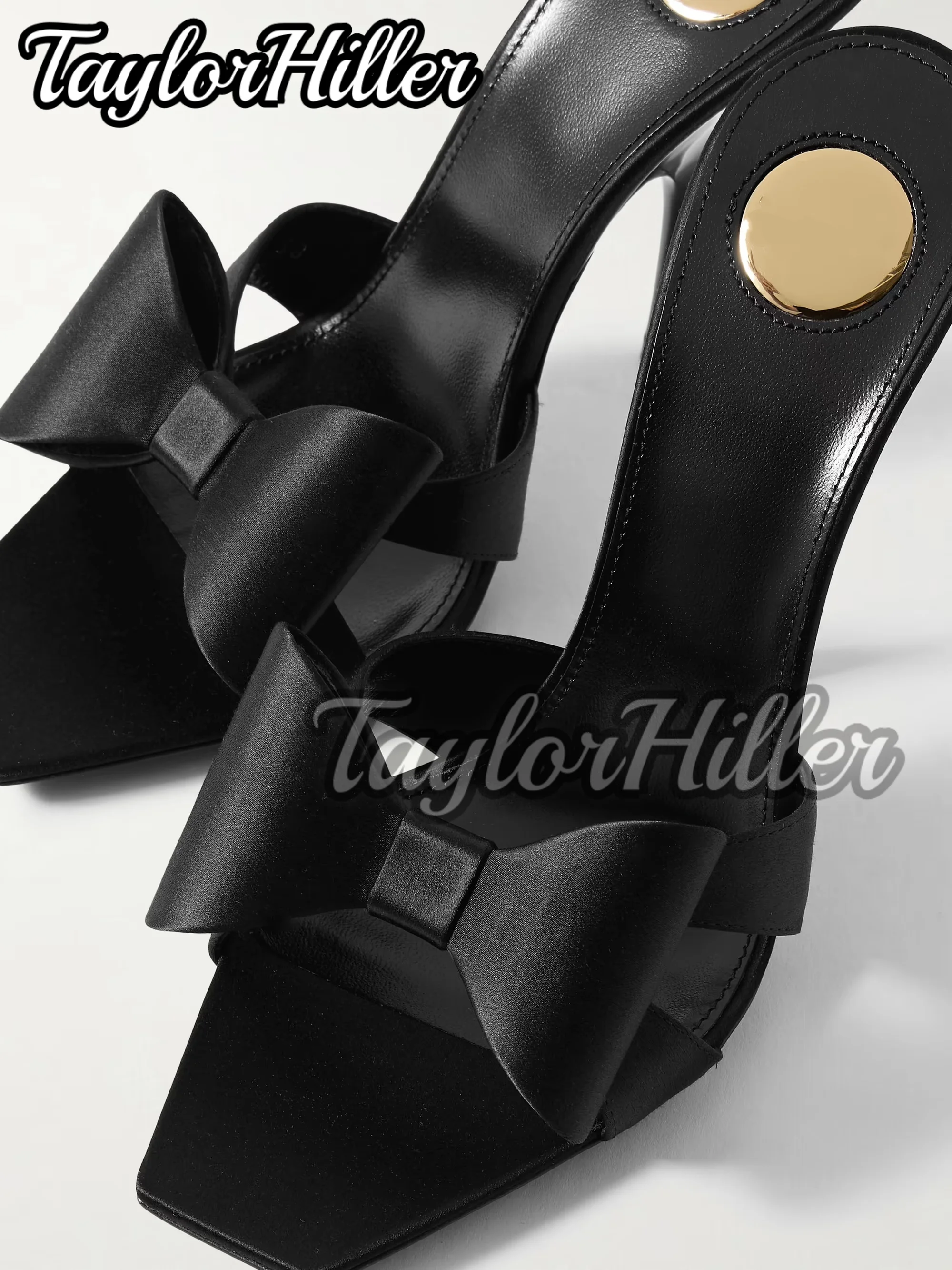 الساتان الأسود فراشة عقدة البغل الصنادل الفاخرة النساء الانزلاق على عالية الكعب مثير النعال الخارجية الصيف 7 9 سنتيمتر الصلبة مربع حذاء مزود بفتحة للأصابع