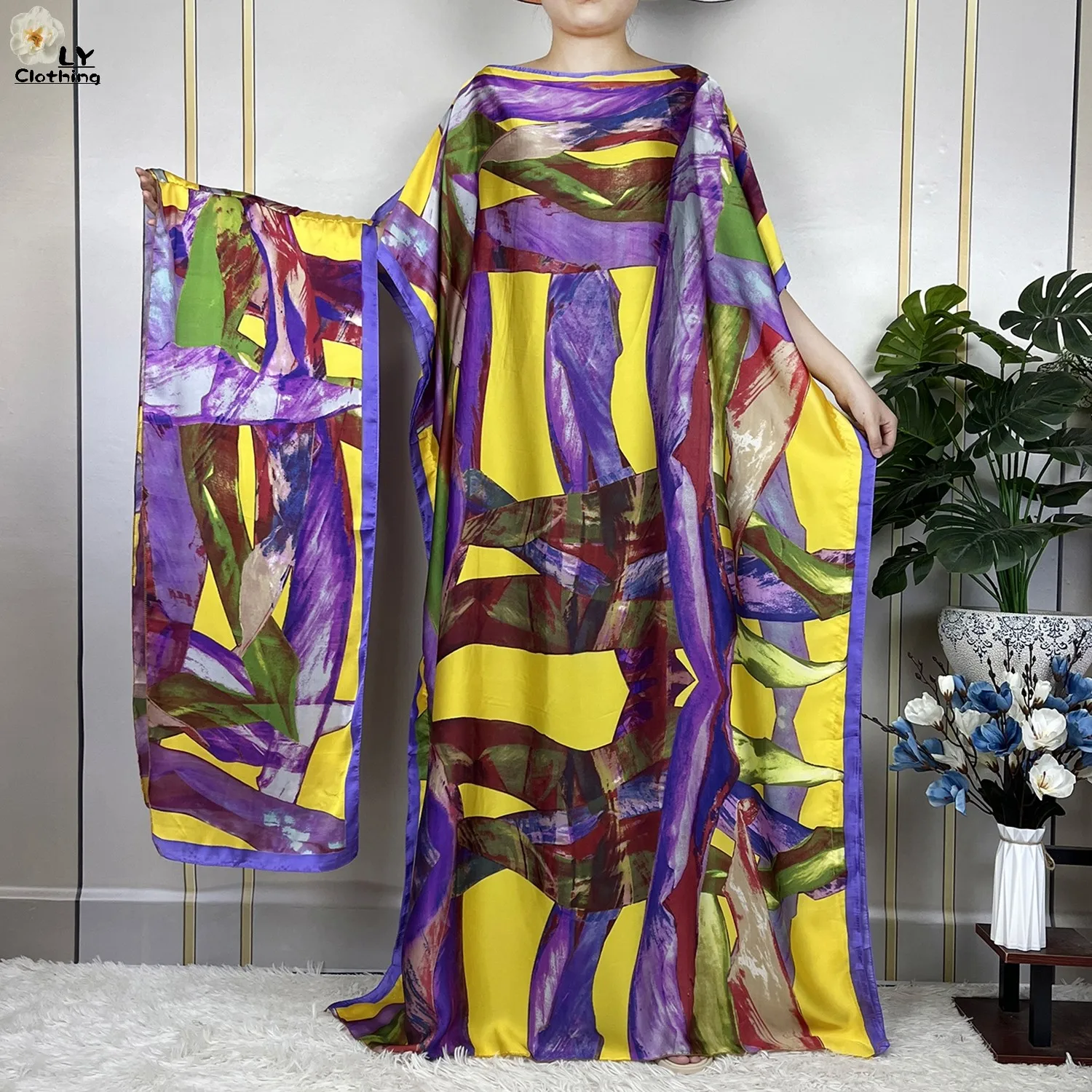 2023 New Style Silk African Abaya Women Clothing Dubai Dashiki Kaftan Pattern Print Design Loose Lady Soft Dress With Scarf