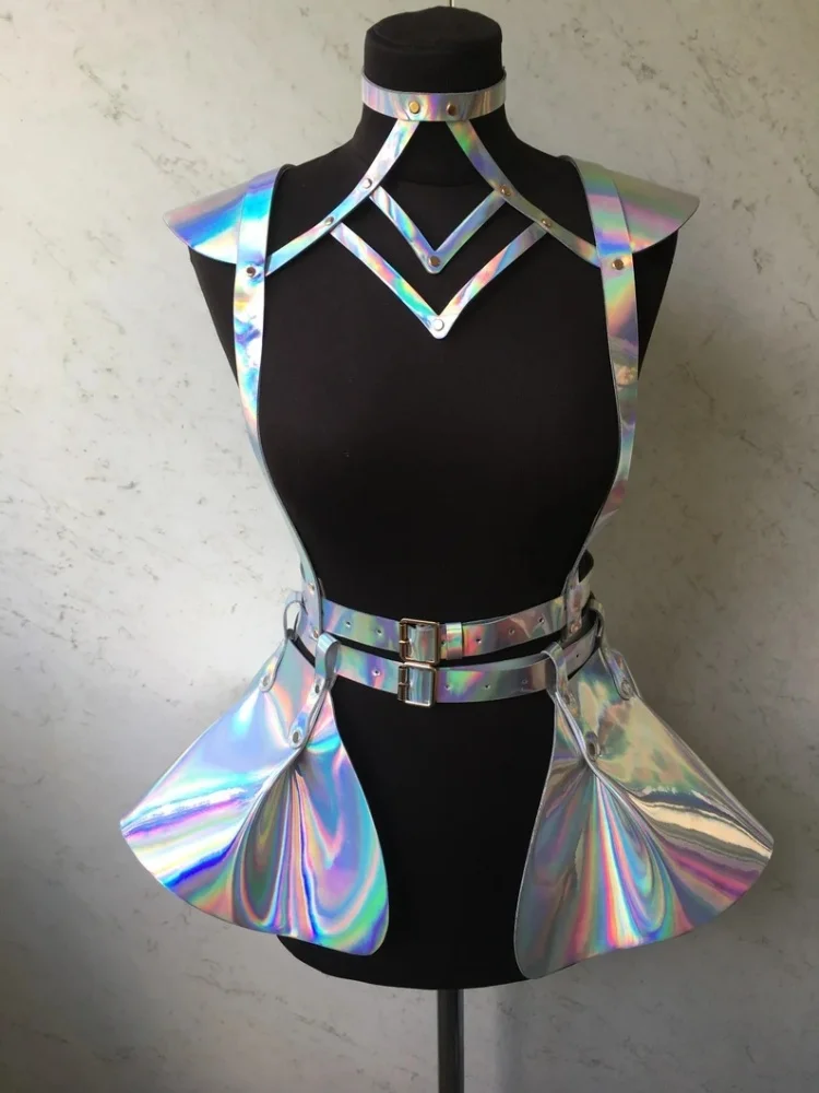 Музыкальный фестиваль киберпанк голографическое красочное платье на подтяжках аксессуары для выпускного вечера пояс косплей костюм блестящая карнавальная вечерние юбка