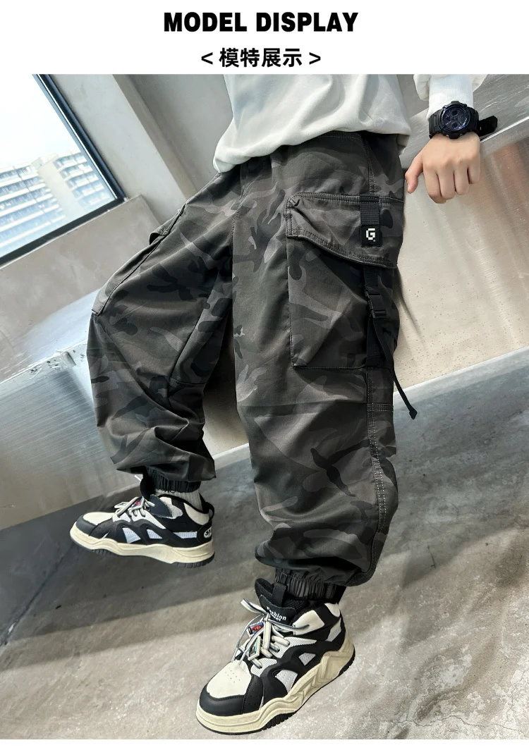 Neu eingetroffen: Camouflage-Cargohosen für Jungen, lockere Sport-Haremshosen, lässige, preisgünstige Kinder-Baumwoll-Camo-Hosen – Detail 2