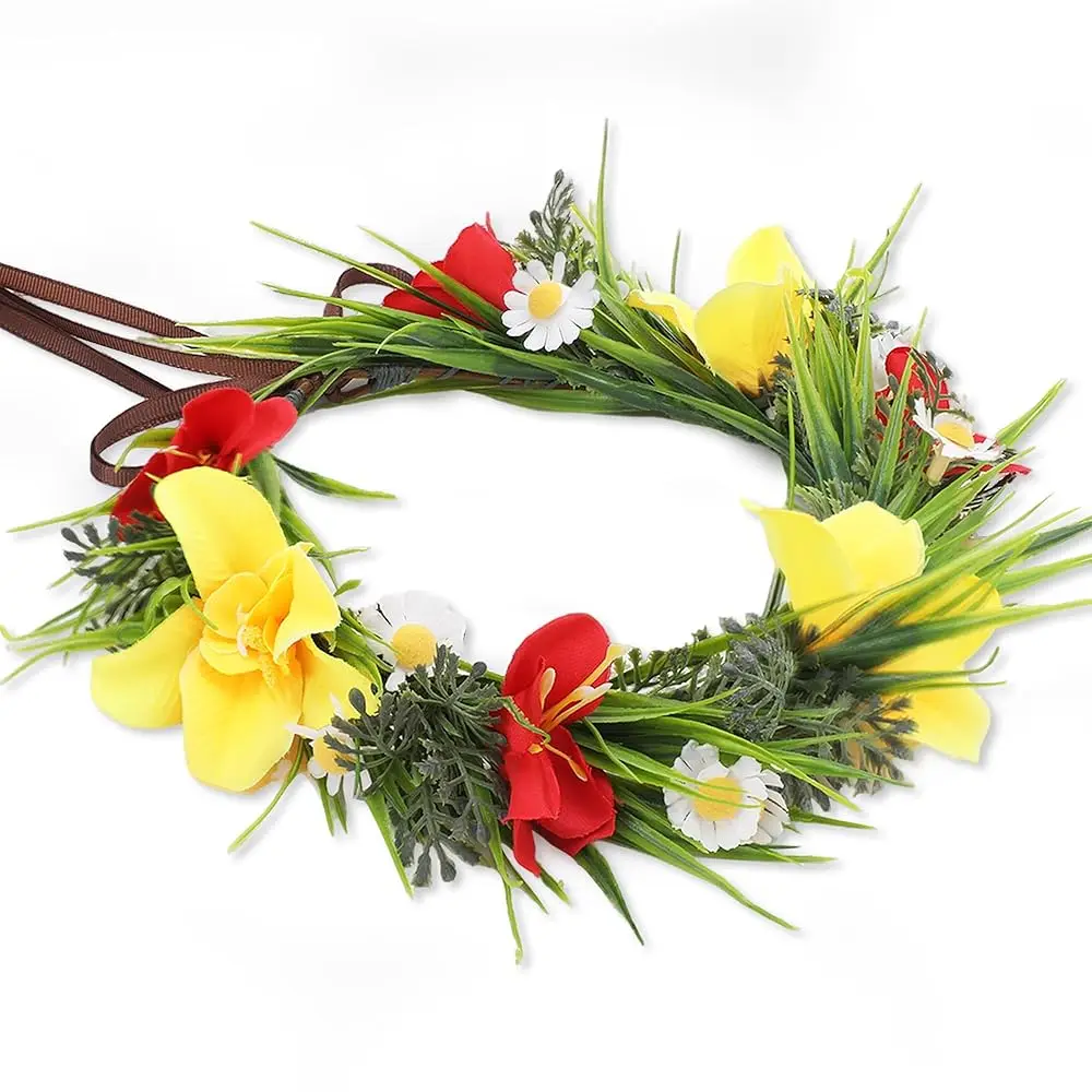 

Hawaiian Flower Crown Headbands, Artificial Red Yellow Hawaii Floral Headpiece, Tropical Daisy Flower Headband with Ribbon fo