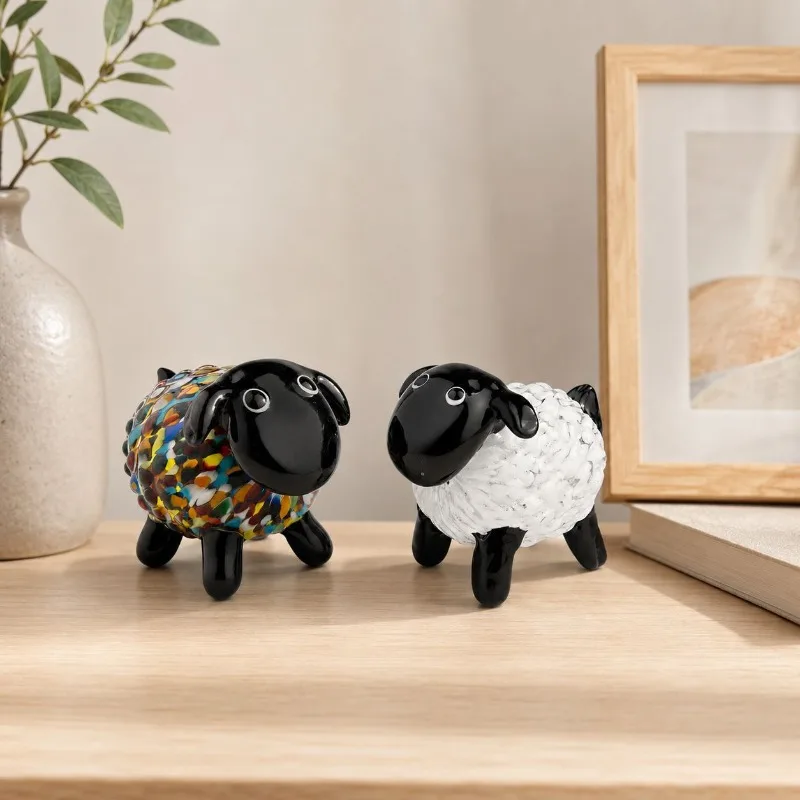 Handmade Glass Sheep Figurine Cute Lamb Animal Sculpture Colorful White Art Glass Ornament for Home Office Desktop Decor Gift