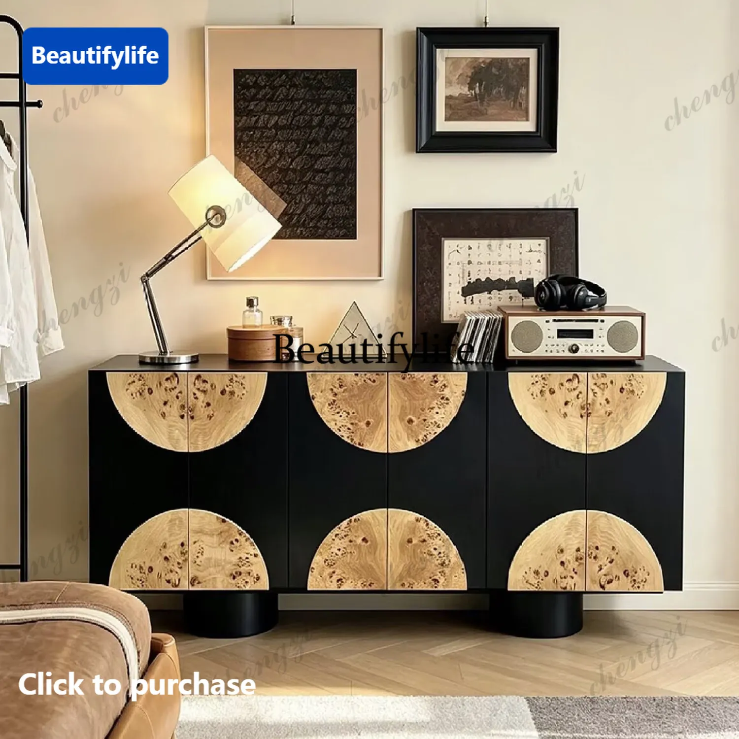 A68Medieval black solid wood dining side cabinet, restaurant locker, entrance entrance cabinet, designer tree tumor parquet cabi