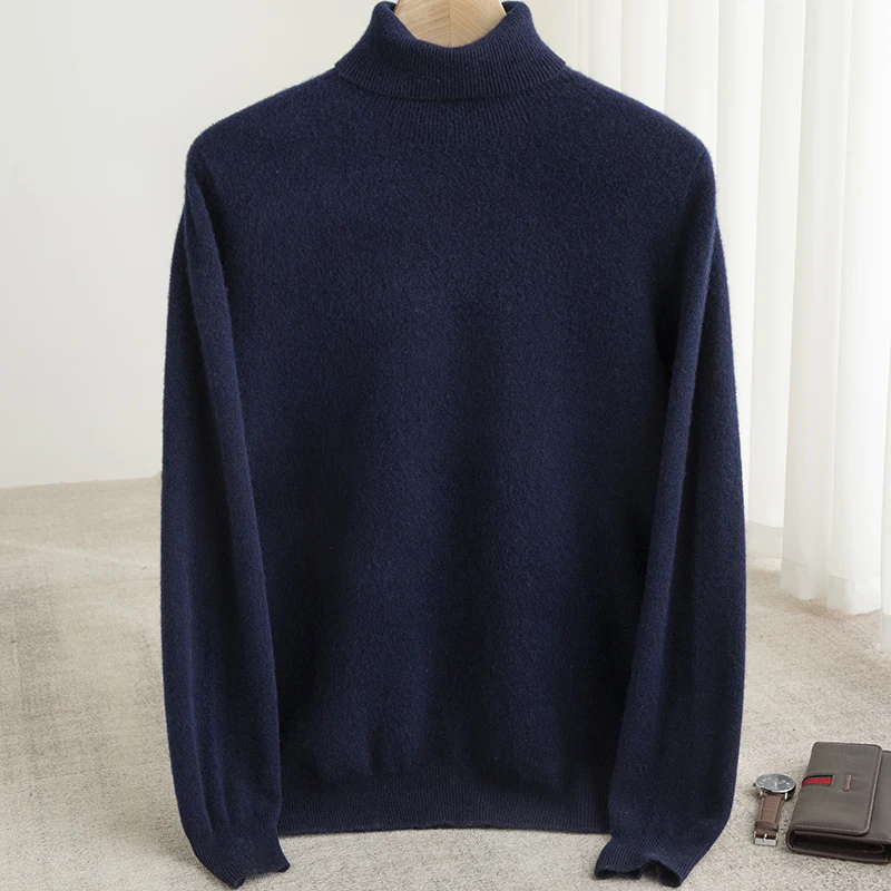 Men 100% Merino Wool Sweater Turtleneck Knitted Pullover Cashmere Warm Solid Color Clothes Business Bottoming Tops Autumn Winter