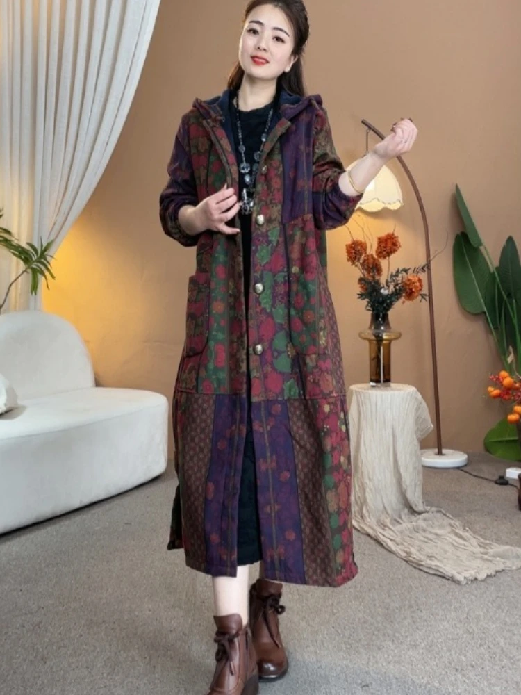 

Vintage Floral Print Long Cotton Coat Women Autumn Winter Fur Lined Trench Coat Single-breasted Parkas Warm Loose Outerwear Chic