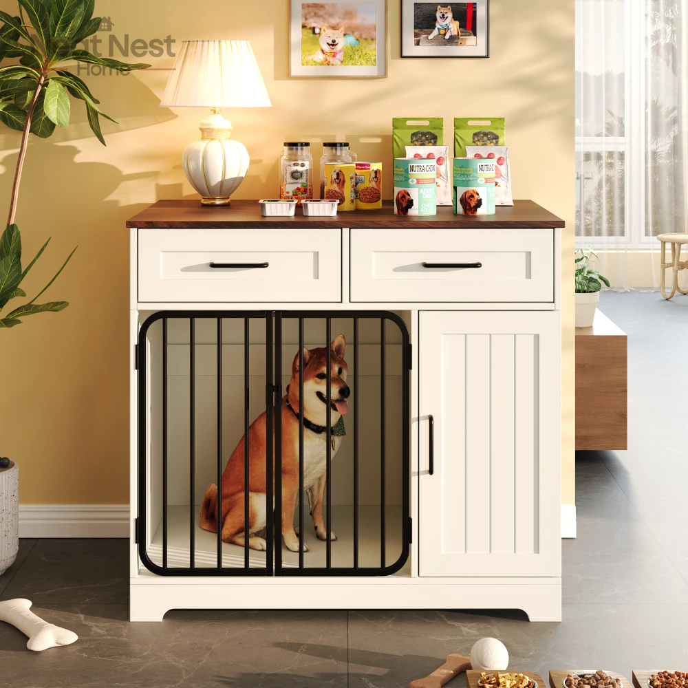 

Dog Crate Furniture, Indoor Dog Kennel with 2 Drawers and Storage Cabinet, Modern Dog Crate Side End Table for Small Medium Dogs