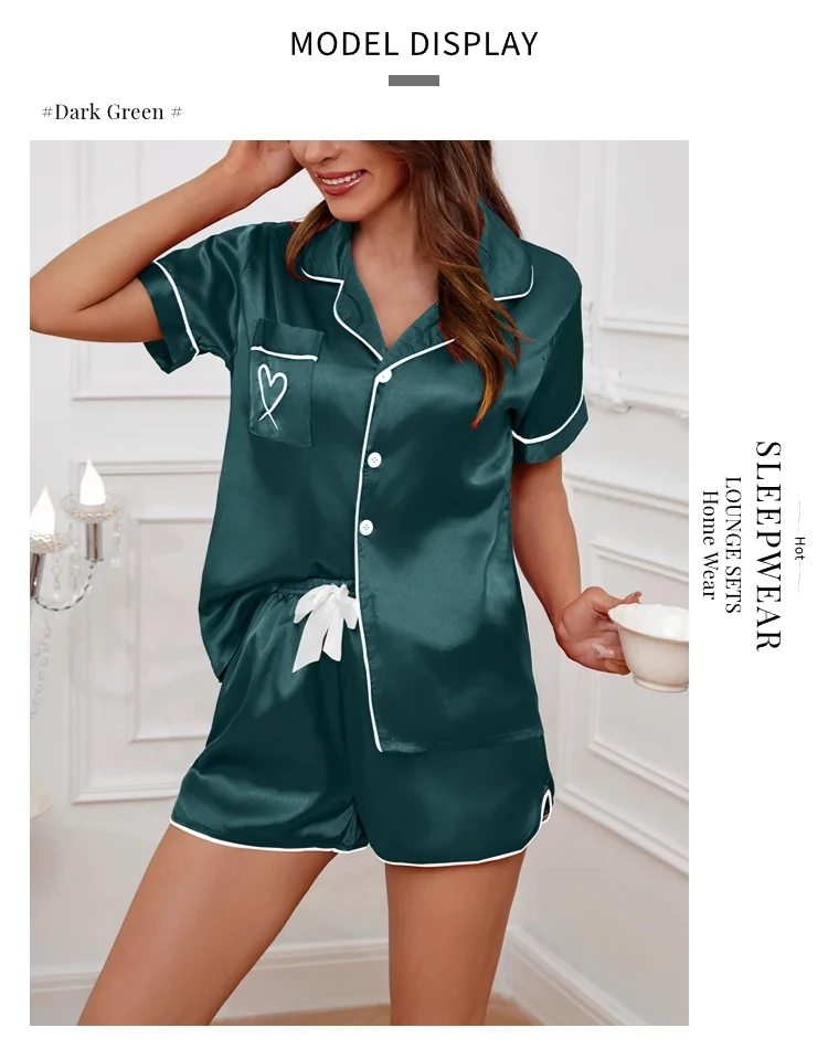 Damen-Pyjama-Lounge-Set, herzgestickte Tasche, Heimkleidung, Sommer-Kurzarmshirt und Shorts, Pyjama, 2-teiliges Set, Pyjama – Detail 4