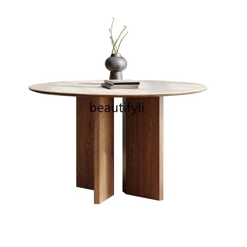 

French retro solid wood travertine rock slab dining table and chair combination home designer round dining table