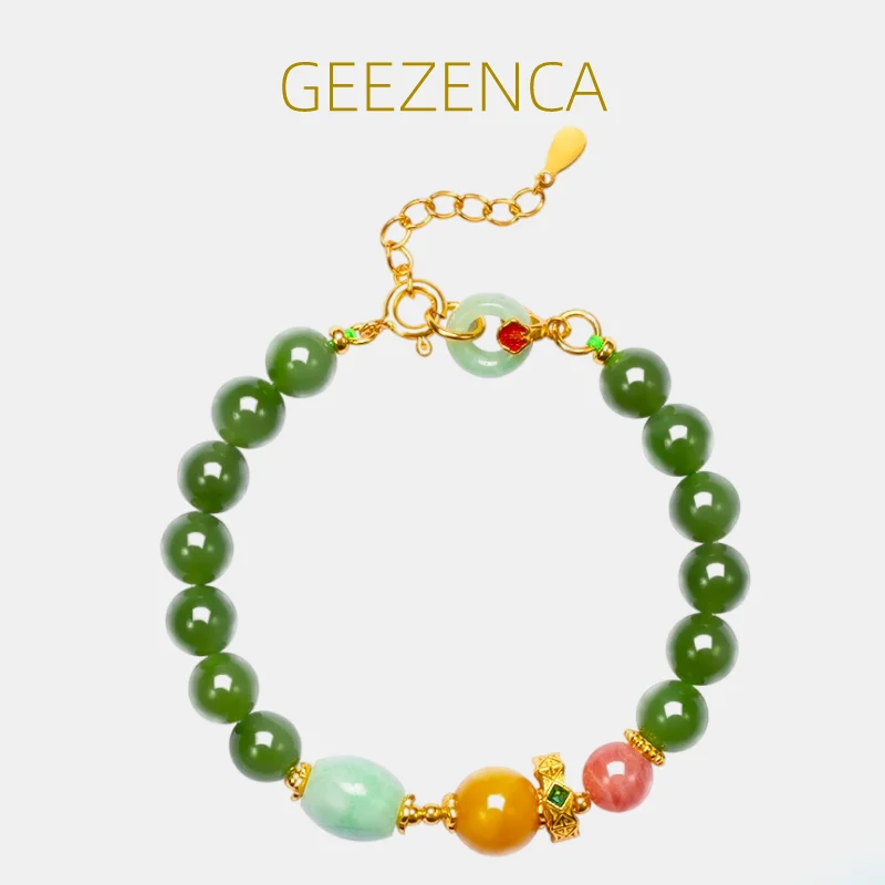 

GEEZENCA Natural Jasper Amber Jadeite 925 Silver Beaded Bracelet For Women Green Jade Vintage Luxury Bracelets 2023 New Gift