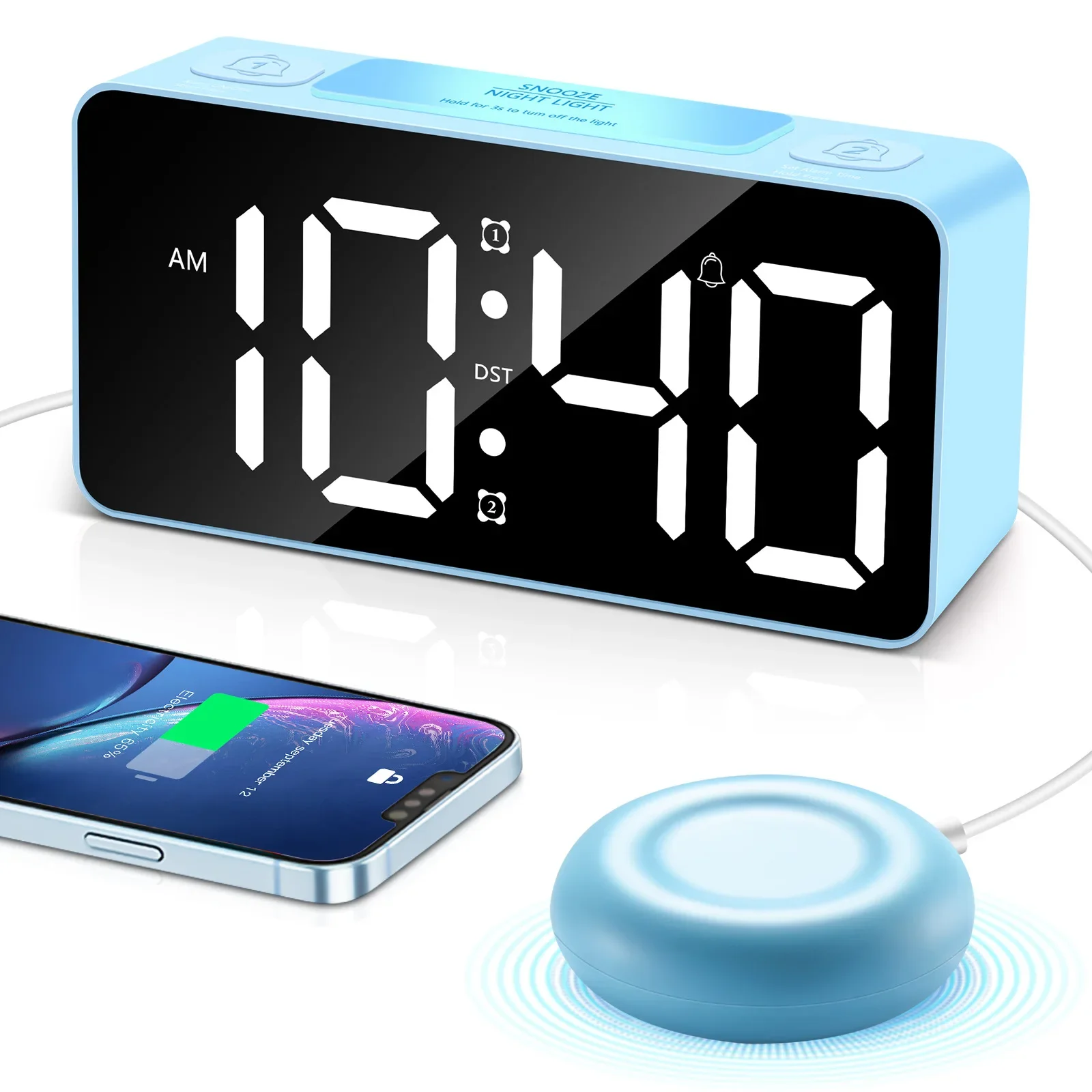 Vibrating Alarm Clock 7 inchesLarge Display LED Clock Loud Alarm Clock with Bed Shaker for Heavy Sleepers Hearing Impaired