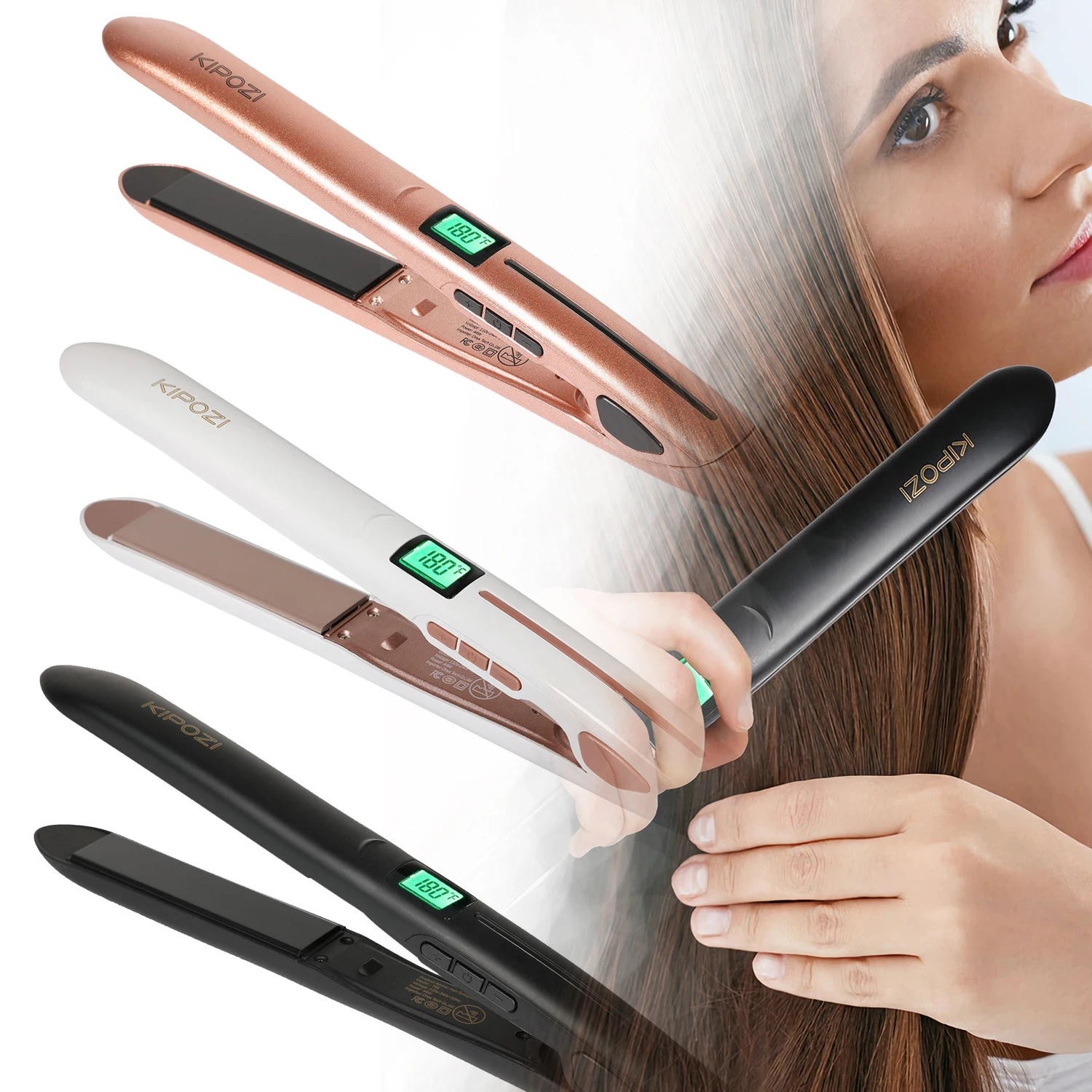 KIPOZI Perfect For Any Hair Type Titanium Flat Iron Hair Straightener with Digital LCD Display Dual Voltage Instant Heating Iron