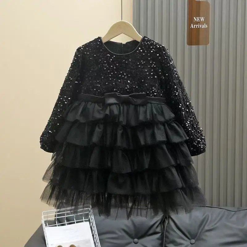 

Girls' Spring And Autumn Dress 2026 New Style Chic Little Girl Black Princess Dress Children's Puffy Formal Gown
