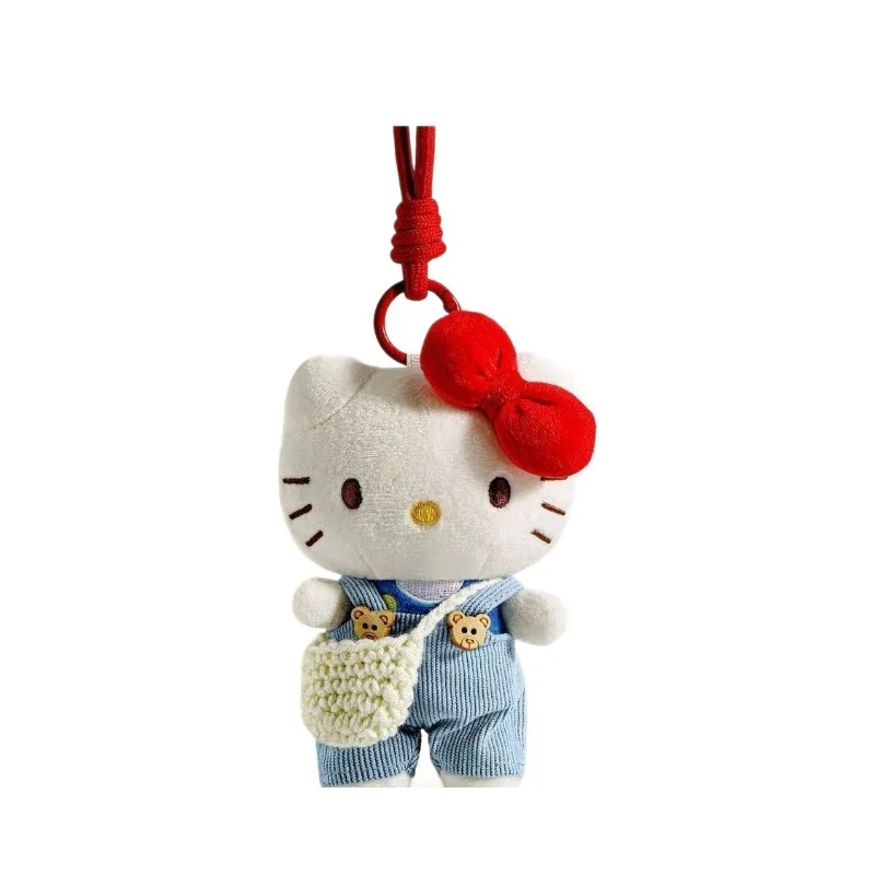 

Cute Hello Kitty Plush Keychain - Denim Overalls with Crochet Bag & Bear Buttons for Bag Decor & Gifts