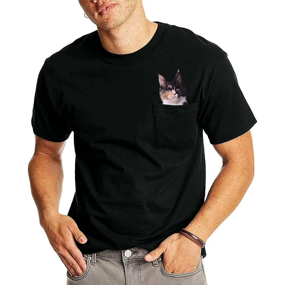 HX Maine Coon Cats Cotton T-Shirts Cute Tricolor Cat Double Middle Finger Pocket T Shirts Summer Short Sleeve Tees Men Clothing