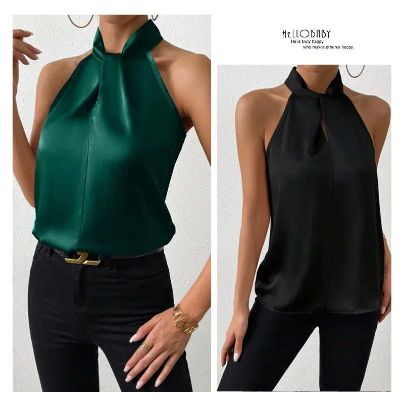 Women's Satin Camisole Solid Color Fitted Halter Neck Non-Removable Straps Elegant Slim Fit Cami Top for Spring Summer Fall