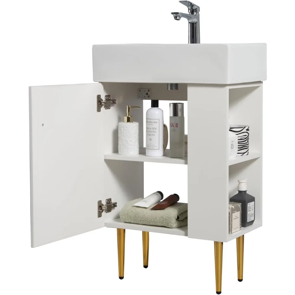 Tocador de baño de 21,6 "con lavabo de cerámica individual, gabinete combinado de almacenamiento tipo, estante abierto lateral derecho, para espacio pequeño, blanco